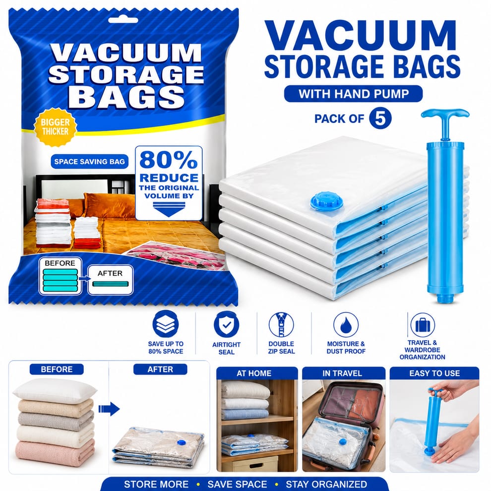 5pcs Vacuum Storage Bag Set with Hand Pump - Space Saving Compression Bags