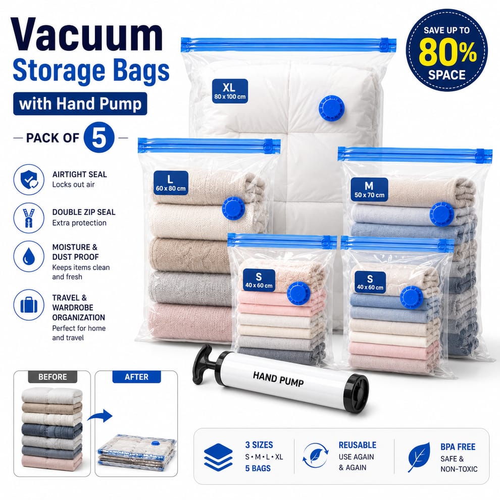 5pcs Vacuum Storage Bag Set with Hand Pump - Space Saving Compression Bags - Image 5