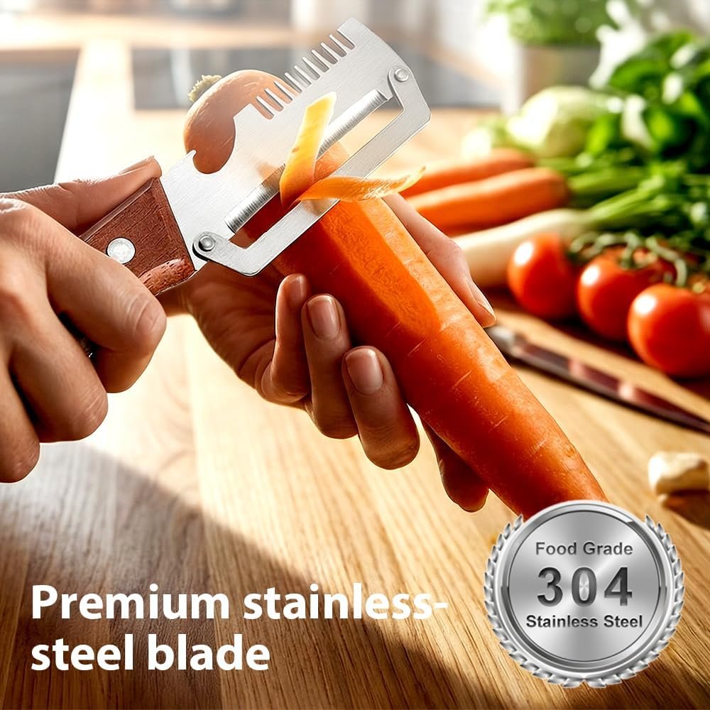 3-in-1 Stainless Steel Kitchen Master Peeler Wooden Handle Bottle Opener - Image 5