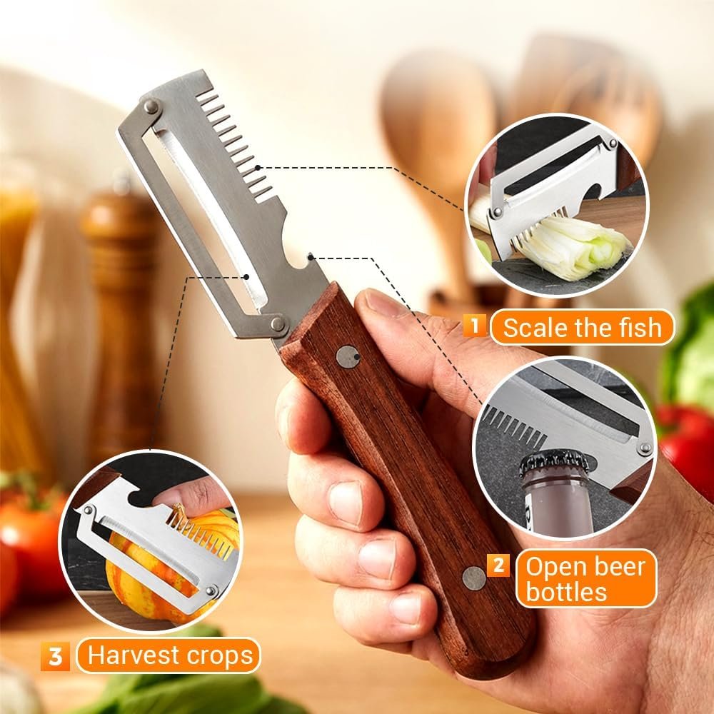 3-in-1 Stainless Steel Kitchen Master Peeler Wooden Handle Bottle Opener - Image 6