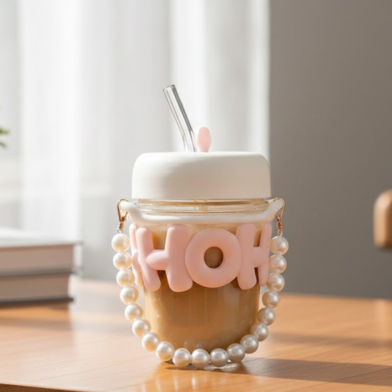 Elegant Pearl Glass Coffee Mug with Glass Straw & Pearl Chain | Cute Glass - Image 3