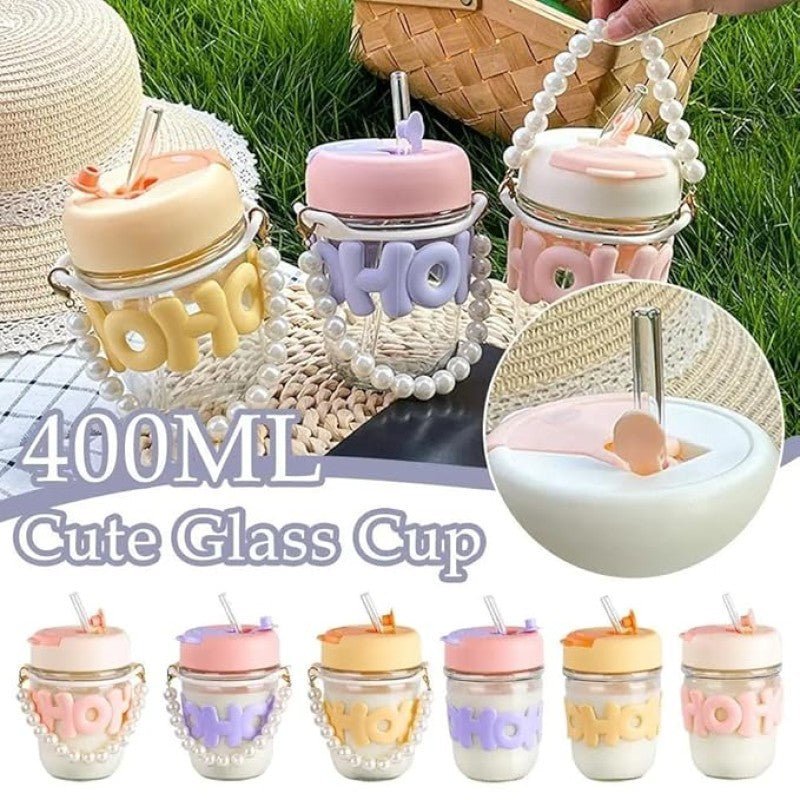 Elegant Pearl Glass Coffee Mug with Glass Straw & Pearl Chain | Cute Glass - Image 5