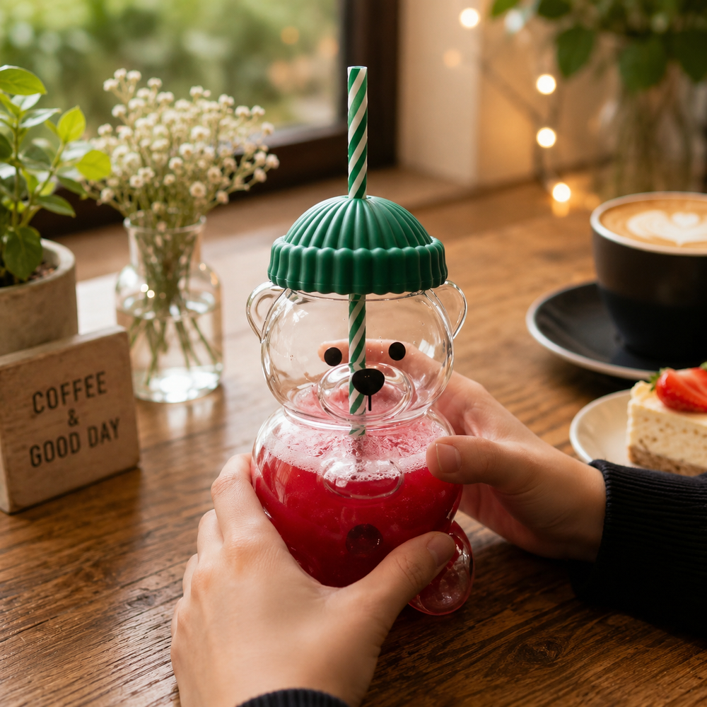 Teddy Bear Shaped Tumbler Beverage Bottle with Top Hat Cap Lid Straw - Image 3