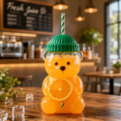 Alternative view of Teddy Bear Shaped Tumbler Beverage Bottle with Top Hat Cap Lid Straw