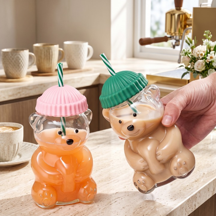 Teddy Bear Shaped Tumbler Beverage Bottle with Top Hat Cap Lid Straw
