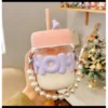 Elegant Pearl Glass Coffee Mug with Glass Straw & Pearl Chain | Cute Glass