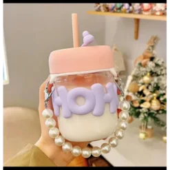 Elegant Pearl Glass Coffee Mug with Glass Straw & Pearl Chain | Cute Glass