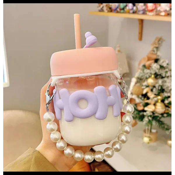 Elegant Pearl Glass Coffee Mug with Glass Straw & Pearl Chain | Cute Glass